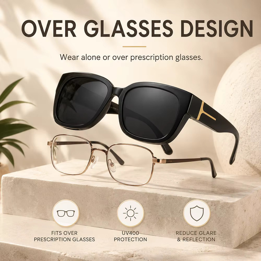 AWGSEE Fitover-Sonnenbrille, Square, Vollrand, Kunststoff, Schwarz, Unisex - Bild 6