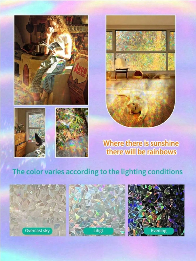 BUNPIG Regenbogeneffekt-Sichtschutzfolie für Fenster in Multicolour, statisch haftend und wiederverwendbar mit UV-Schutz - Bild 2