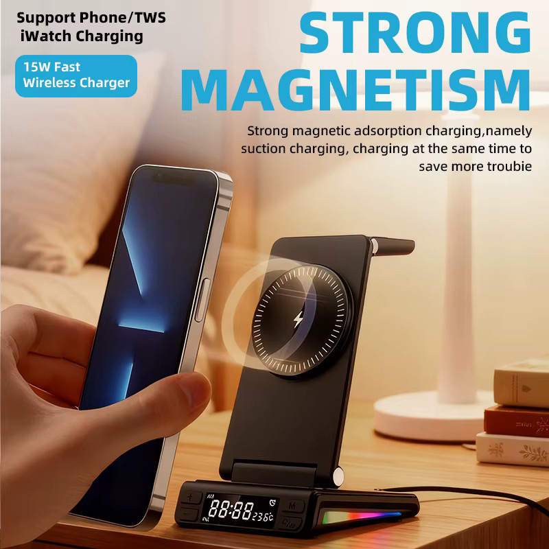 LYNXZ 5-in-1 Faltbares Kabelloses Ladegerät mit Wecker, Temperaturanzeige und RGB-Licht, 15W Magnetisches Schnellladegerät für iPhone 12-17 und iWatch, Schwarz - Bild 2