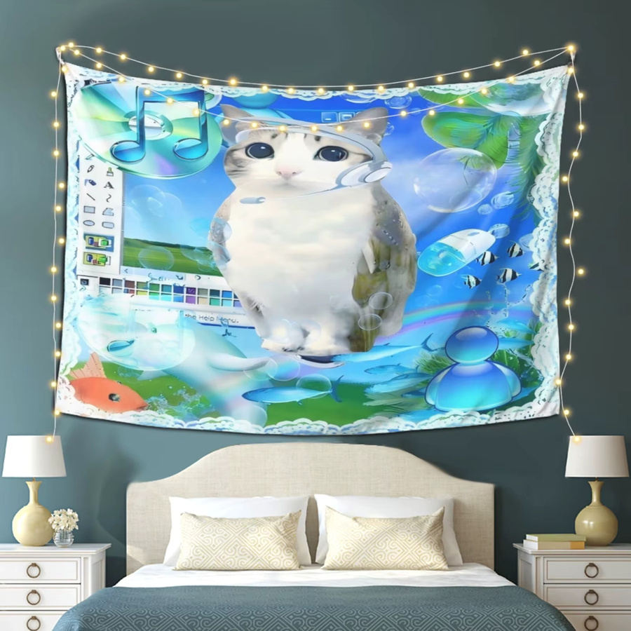 VIKAMA Vaporwave Meme Cat Wandteppich mit Retro-Computer-Bubble-Fish Design in Multicolour, Boho-Ästhetik, B/H: 60 x 40 cm - Bild 2