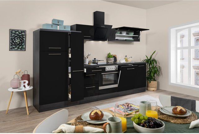 Respekta Premium Küchenzeile modern in Schwarz Hochglanz und Grau mit Soft-Close-Türen, Breite: 310 cm - Bild 1