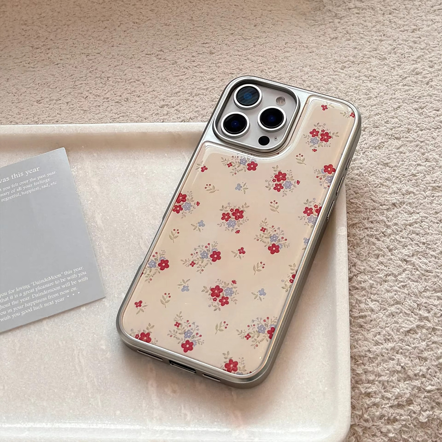 Potdemiel Handyhülle mit Blumen-Design und Silberrand für iPhone 17, 16, 15, 14, 13 Pro Max Plus, stoßfest, mehrfarbig - Bild 2