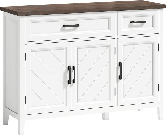 HOMCOM Sideboard in Weiß mit 3 Chevron-Türen, 2 Schubladen und 2 verstellbaren Einlegeböden im rustikalen Stil, B/T/H: 110 x 35 x 80,5 cm - Bild 1