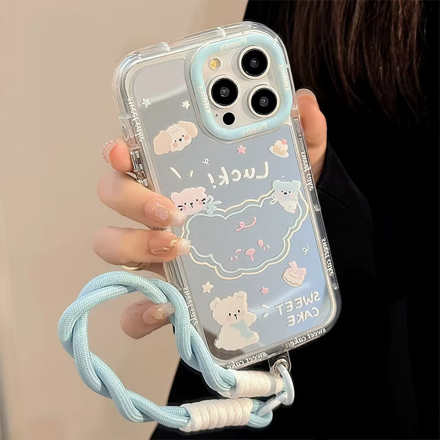 Koreanische Cartoon-Bär Handyhülle mit Make-up-Spiegel und Riemen für Apple iPhone 17 16 15 14 13 12 11 Pro Max XS XR stoßfeste Hartschale - Bild 2