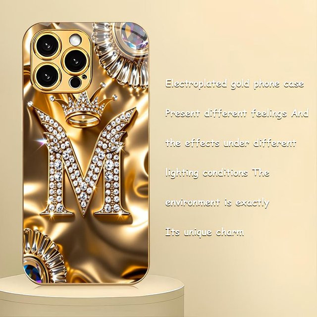 Lucky Start Handyhülle mit diamantbesetztem Buchstaben M in Gold für iPhone 17 16 15 14 13 12 11 Pro Max Plus mit stoßfester Glasrückseite - Bild 1