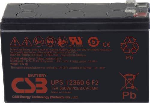 CSB Battery UPS 123606 Blei-Vlies (AGM) Akku 12V 7Ah mit Flachsteckern 6,35mm, Schwarz, B/H/T: 151 x 99 x 51 mm - Bild 1