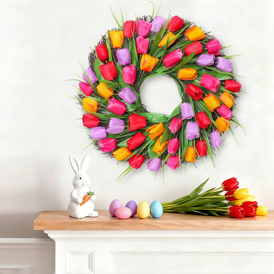 Lichtbeständiger künstlicher Tulpenkranz in Lila und Mehrfarbig, runde florale Wanddekoration für Frühling und Ostern, Durchmesser: 45 cm - Bild 2