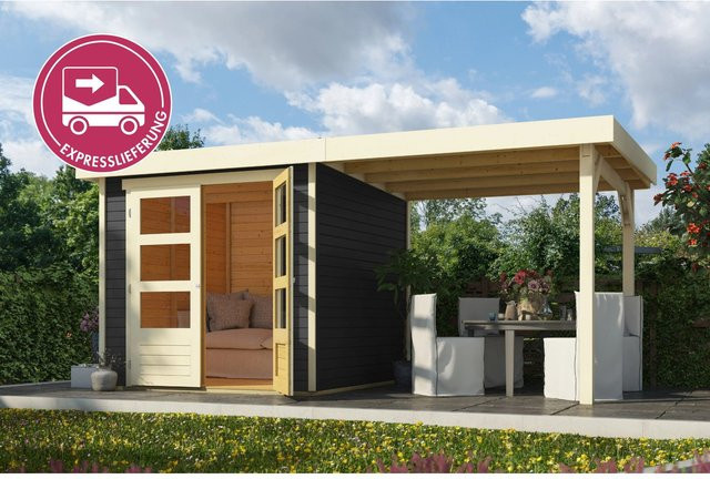 Karibu Express Gartenhaus Speedy A Set in Terragrau mit Anbaudach und Flachdach - Bild 1