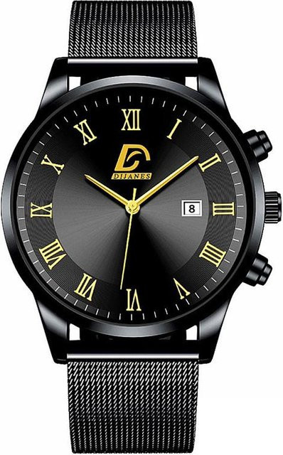 DIJANES Armbanduhr Edelstahl, Quarz, Schwarz, Datum, Herren - Bild 1
