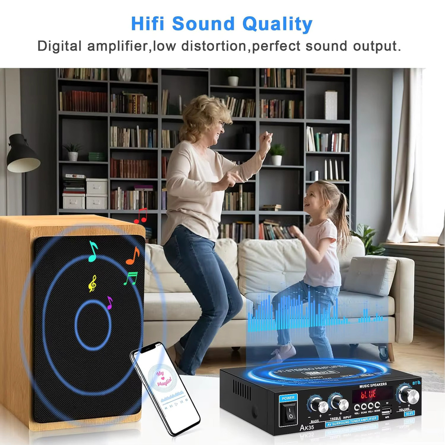 Kebidumei AK35 Digitaler Stereo-Verstärker 800W, 2-Kanal Mini HIFI Heim-Leistungsverstärker mit Bluetooth 5.0, USB und FM in Schwarz - Bild 3