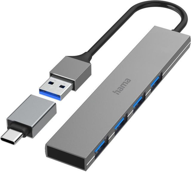 Hama USB-Hub Ultra Slim mit 4 Ports USB 3.2 Gen1 5 Gbit/s inkl. USB-C-Adapter in Grau - Bild 1