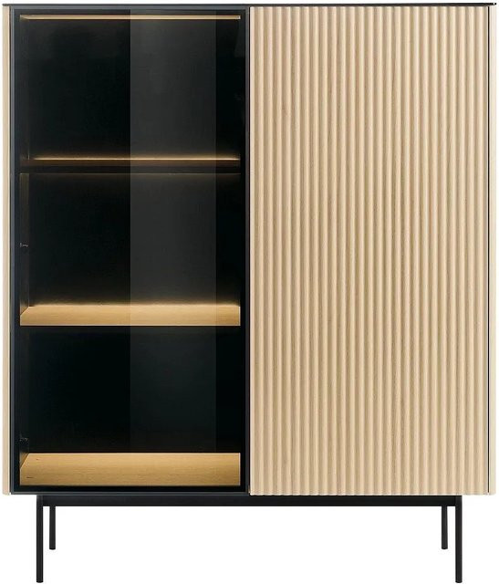 Vitrinenschrank Sayera Vente-unique in Schwarz und Naturfarben Hell mit Glastüren und LED-Beleuchtung, Höhe: 127 cm, Breite: 107 cm, Tiefe: 39 cm - Bild 1