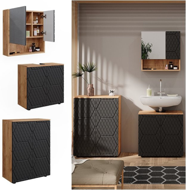 Vicco Badmöbel-Set Irma 3-teilig in Eiche und Anthrazit mit Kommode und Waschbeckenschrank Breite: 60 cm - Bild 1