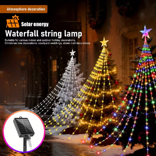 WELPUR Solarbetriebene LED Stern-Wasserfall-Lichterkette RGB Multicolour, IP67 wasserdicht, dekorative Vorhang-Lichterkette für Outdoor-Partys und Weihnachtsdeko - Bild 1