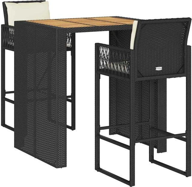 vidaXL 3-teiliges Gartenbar-Set aus Poly-Rattan und Akazienholz in Schwarz mit Kissen - Bild 1