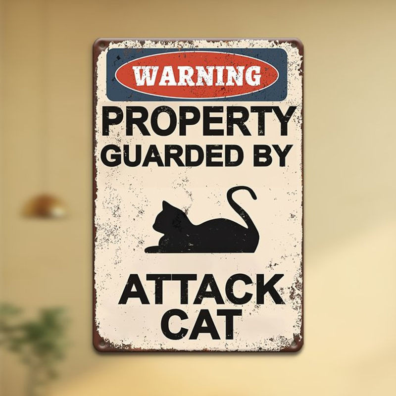 HELLOYOUNG Warnschild Angriffs Katze Vintage Wandplakette aus Metall in Weiß für die Außenwand - Bild 1