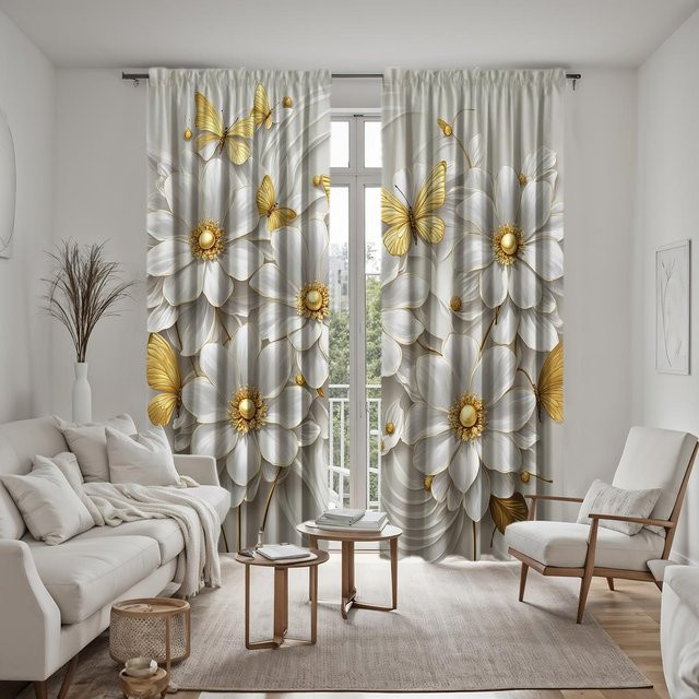 2-teiliges halbtransparentes Vorhangset mit Gold-Schmetterlings- und Blumenmuster von Household supplies MH in Weiß und Gold, B: 132 cm, H: 160 cm - Bild 1
