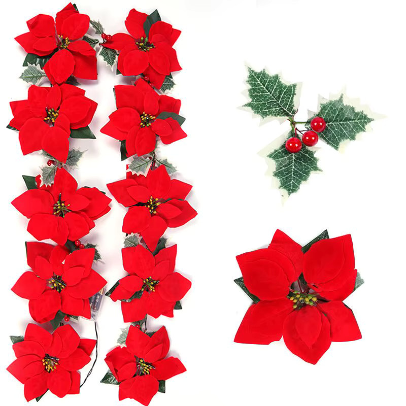 Cyuan Weihnachtsstern Lichterkette mit roten Stoffblumen in Warmweiß für Indoor und Outdoor Dekoration - Bild 4