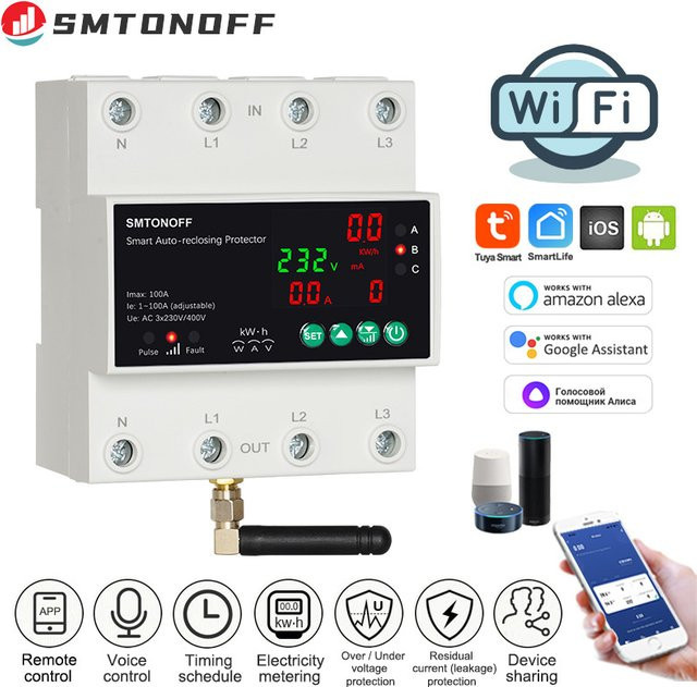 Tuya WiFi Drei-Phasen 4P 100A Smart Meter mit Unterspannungsschutz, Auto-Wiedereinschaltung und Timer in Weiß - Bild 1