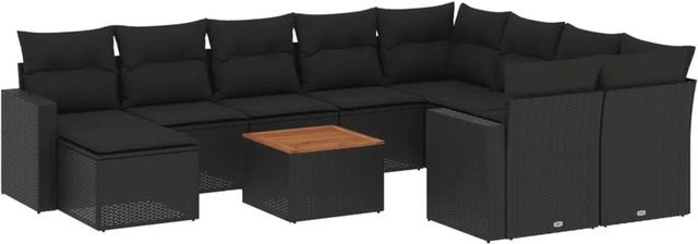 vidaXL 11-teilige Garten-Sofagarnitur in L-Form aus Polyrattan und Akazienholz mit Kissen in Schwarz - Bild 1