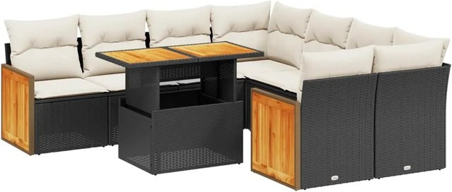 vidaXL 9-teilige Garten-Sofagarnitur aus Poly-Rattan und Akazienholz in Schwarz mit Kissen - Bild 1