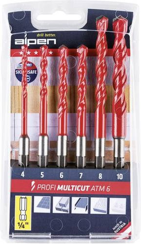 Alpen MultiCut 0000100802100 Hartmetall Mehrzweckbohrer-Set 6teilig in Rot mit Durchmessern von 4 mm bis 10 mm und 1/4 (6.3 mm) Anschluss - Bild 1