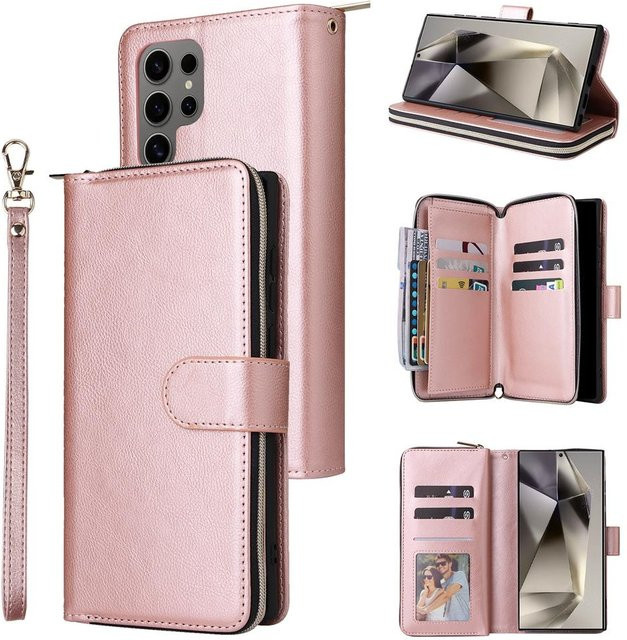 Leder Geldbörse Handyhülle mit Reißverschluss und Ständer für Samsung Galaxy S25 S24 S23 S22 Ultra Plus A55 A35 A15 5G in Grau - Bild 1