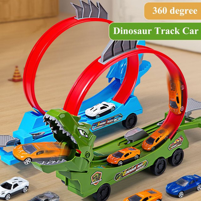 DSUE Dinosaurier Schiebe-Eisenbahn Spielzeug mit Fahrzeugen und Schienen in Blau und Bunt für Kinder - Bild 1