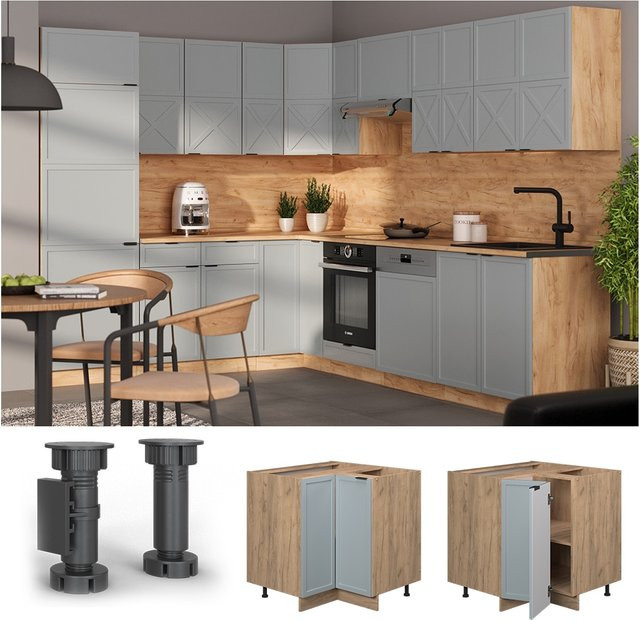 Vicco Eckunterschrank Fame-Line in Eiche Hell mit Arbeitsplatte in Marmor-Weiß, Blau-Grau gerahmt, Breite: 87 cm - Bild 1