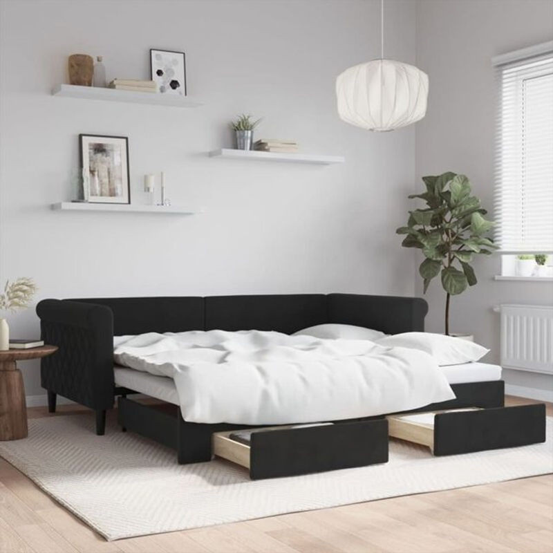 Ausziehbares Funktionsbett Vidaxl in Schwarz mit Schubladen aus Samt und Holz, B/T/H: 90 x 190 cm - Bild 1