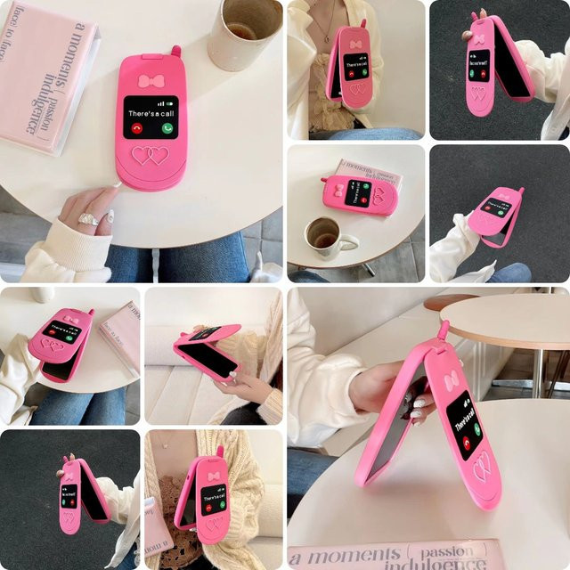 K'try Handyhülle mit 3D Schleife und Klappspiegel aus Silikon in Pink für iPhone 12 bis iPhone 17 Pro Max - Bild 1