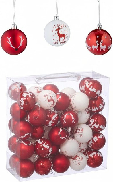 Relaxdays Weihnachtskugeln Set mit Rentier-Motiv aus Kunststoff in Weiß und Rot, 50er Set, Durchmesser: 7,5 cm, Tiefe: 6 cm - Bild 1