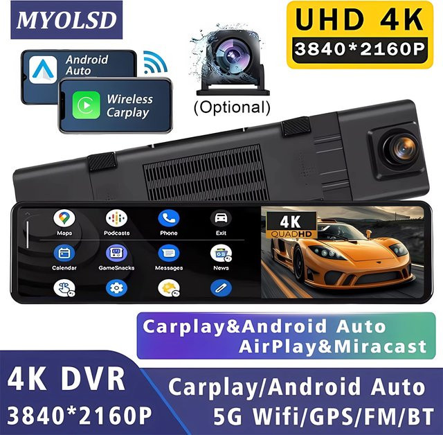 MYOLSD 4K Dashcam mit 11,26 Zoll Display, Dual-Objektiv Video-Fahrtenschreiber mit Android Auto, CarPlay, 5G WLAN, GPS und Bluetooth in Schwarz - Bild 1