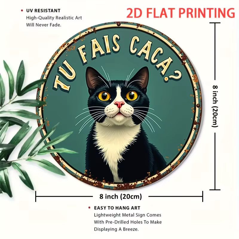 Potdemiel Vintage-Poster mit Katzenmotiv und französischem Schriftzug TU FAIS CACA in Petrol, Durchmesser: 20 cm - Bild 3