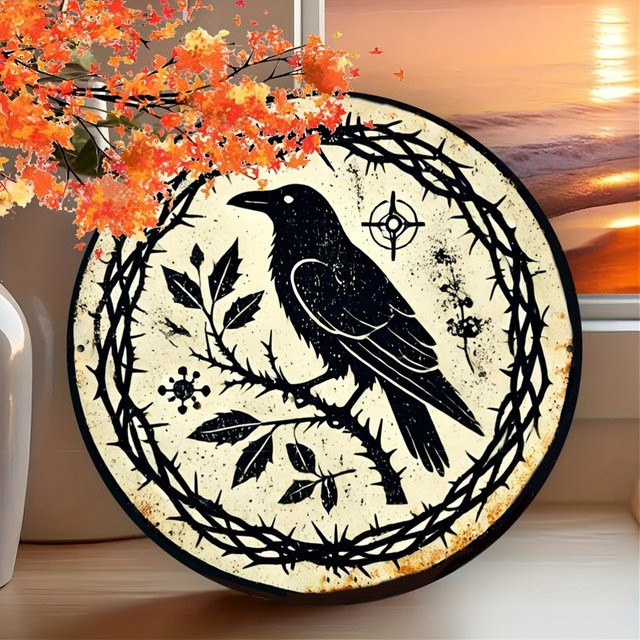 Potdemiel Vintage Aluminiumschild Elster runder Kranz Wandkunst mit Foliengravur, Durchmesser: 20 cm, Mehrfarbig - Bild 1