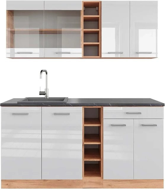 Vicco R-Line Singleküche Weiß Hochglanz und Goldkraft Eiche mit Anthrazit Arbeitsplatte Breite: 160 cm - Bild 1