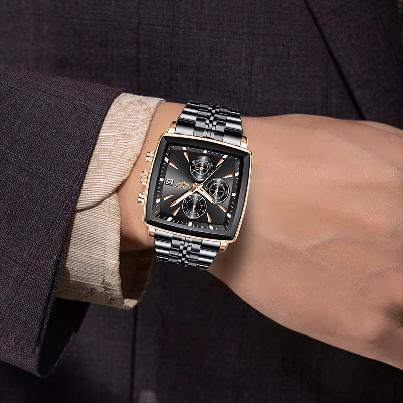 LIGE Armbanduhr, Quarz, Edelstahl, Eckig, Schwarz, Herren - Bild 4