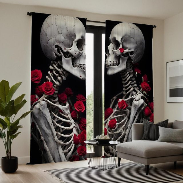 2er-Set Vorhang mit Totenkopf-Rose-Print in Schwarz von Household supplies MH, halbtransparent, B: 132 cm, H: 160 cm - Bild 1