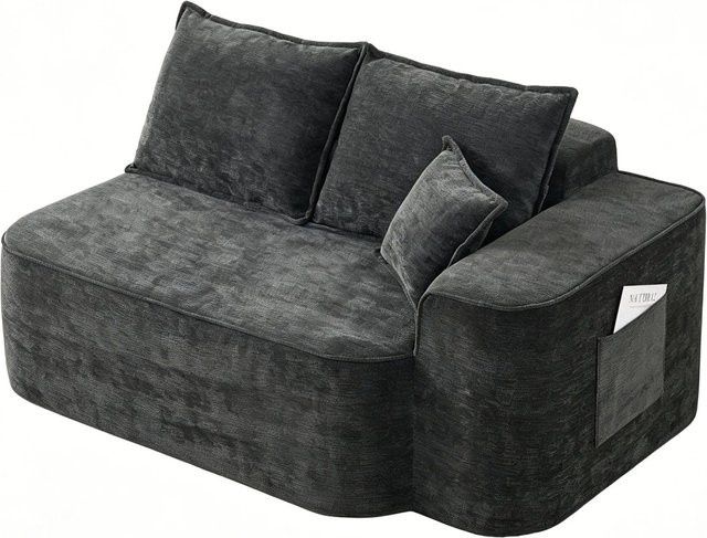 PXloue Stoffsofa Chaiselongue 2 Sitzer aus Chenille mit Kissen und Seitentaschen in Schwarz, L-Form, B/T/H: 144 x 112 x 65 cm - Bild 1