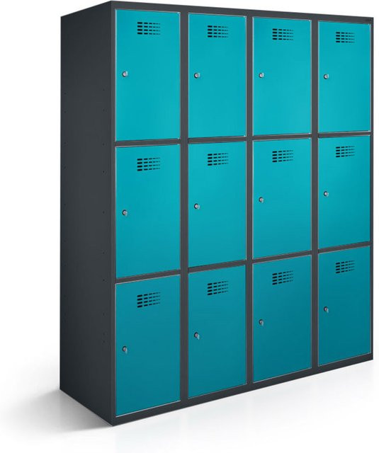 rotstahl Fächerschrank mit 12 Fächern in Türkis und anthrazitgrauem Korpus, B/T/H: 120 x 50 x 180 cm - Bild 1