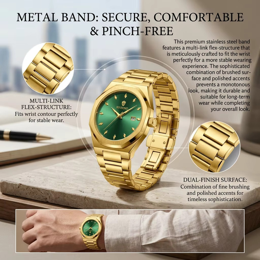 BINBOND Armbanduhr Edelstahl, Gold, grünes Zifferblatt, Quarz, Herren - Bild 3