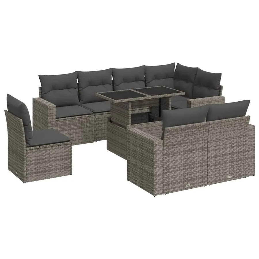 vidaXL 9-tlg. Garten-Sofagarnitur in L-Form aus grauem Poly-Rattan mit Kissen und pulverbeschichtetem Stahlgestell - Bild 2