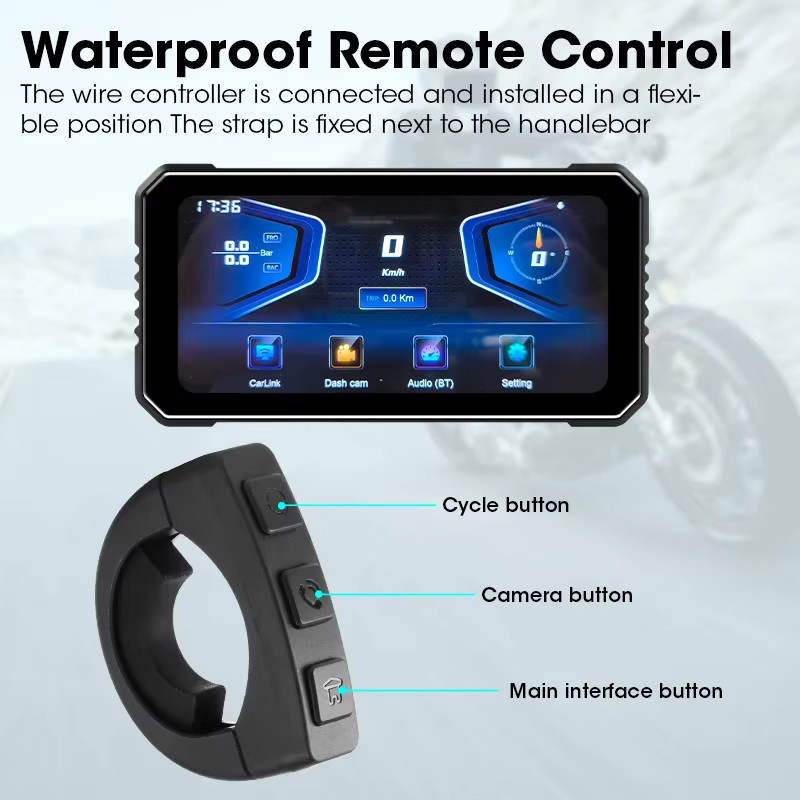 Develuck Motorrad GPS Navigation mit 6,25 Zoll 4K+1080P DVR Display, kabelloses CarPlay und Android Auto, wasserdichter Bluetooth Bildschirm mit Dual Lens in Schwarz - Bild 3