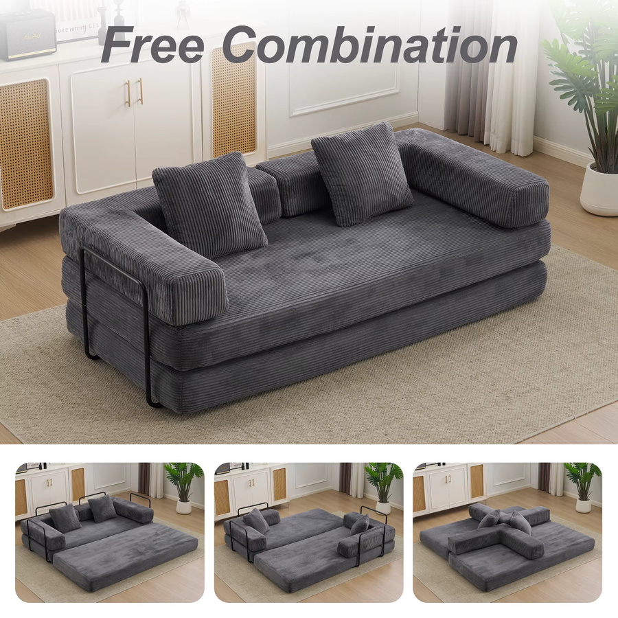4-in-1 Klappbares Cord-Schlafsofa als Umwandelbares Bodensofa und Gästebett mit Hochdichtem Schaumstoff in Beige oder Grau - Bild 2
