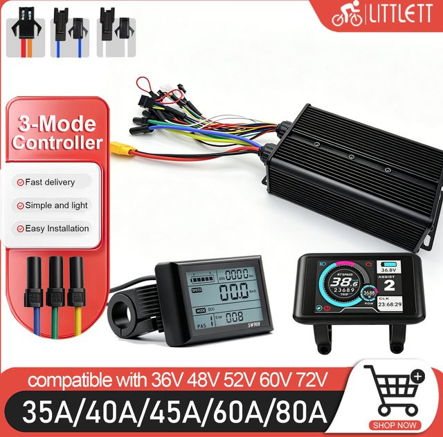 KT 3-Modus Sinuswellen-Controller 35A-80A mit SW900 UKC1 Display für Elektrofahrräder 36V-72V in Schwarz - Bild 1