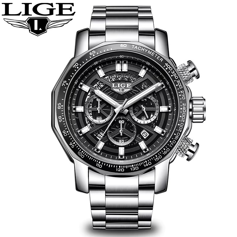 LIGE Armbanduhr Quarz, Edelstahl, Schwarz, Silber, Herren - Bild 4