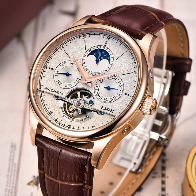 LIGE Armbanduhr Automatik, Leder, Schwarz, Herren - Bild 1