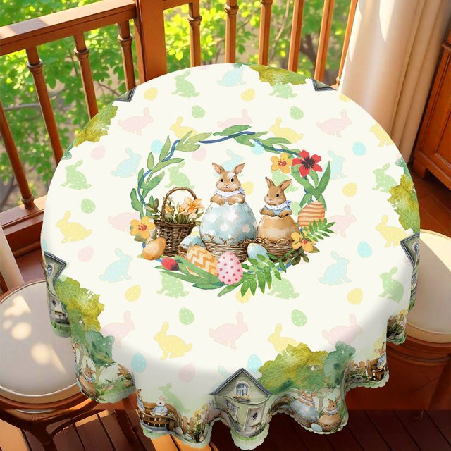 Wasserfeste Osterhase-Tischdecke mit Frühlingsmotiv, Hasen und bunten Eiern in Mehrfarbig - Bild 1