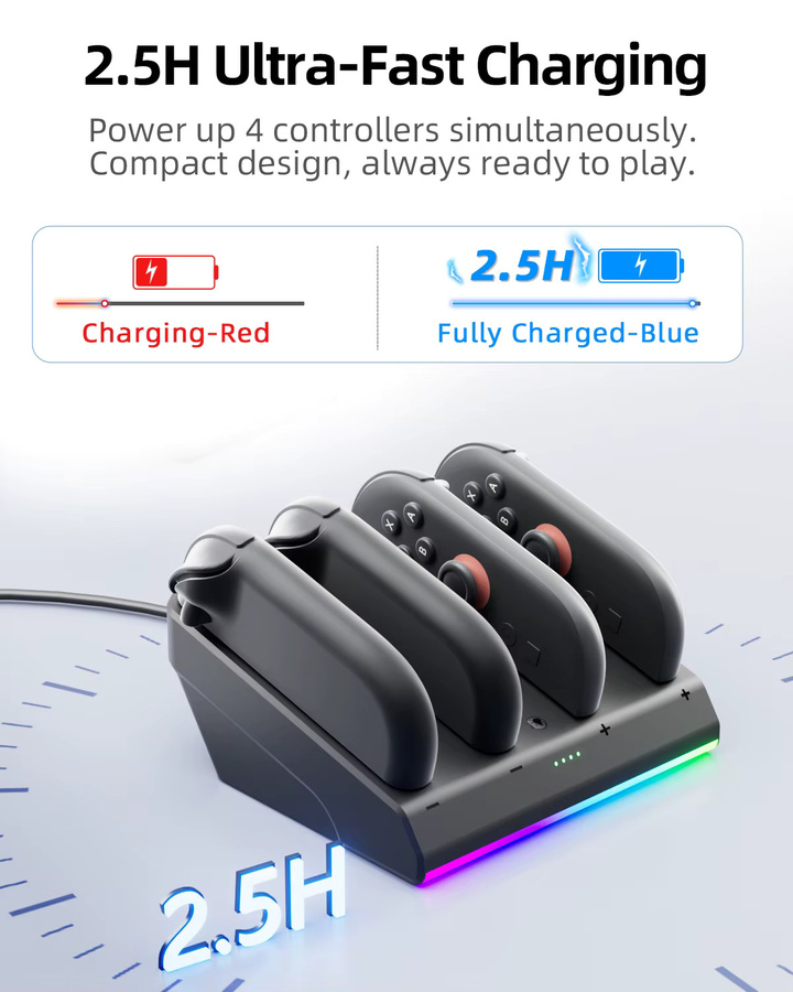 aolion Ladestation und Dockingstation für Nintendo Switch 2 inklusive Ladekabel und Controller-Ladegerät mit Kontrollleuchte in Schwarz oder Blau - Bild 2