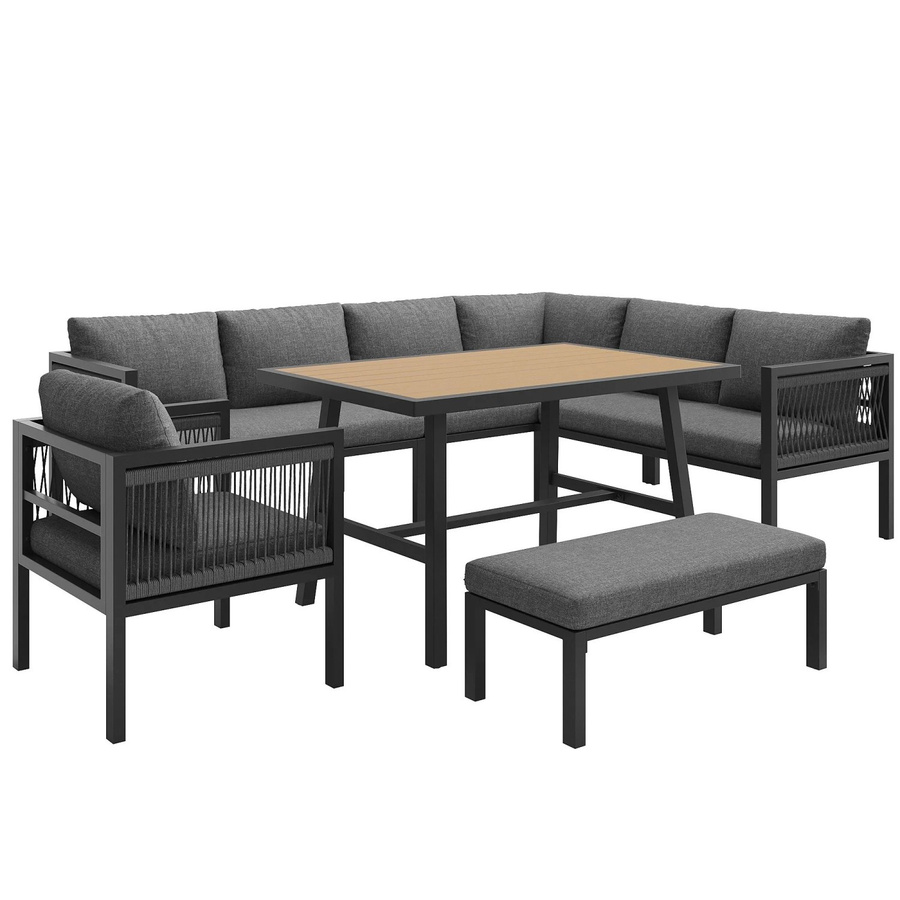 okwish Gartenmöbel Lounge-Set mit Ecksofa, Sessel, Hocker und Tisch in Grau mit modernem Seilgeflecht-Design und Polsterung - Bild 2